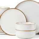 Herogo 24 Pieces Stoneware Dinnerware Dishes Sets for 8, Kitchen Handmade Dining Plates and Bowls Sets, Double Reactive Glaze, Microwave & Dishwasher Safe, Scratch Resistant, Ivory White