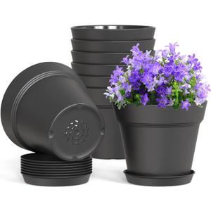 4 Inch Plastic Plant Pots with Drainage Holes and Trays  8 Pack Small Nursery Pots for Indoor & Outdoor House Plants and Flowers, Seedling Starter Planters, Matte Black