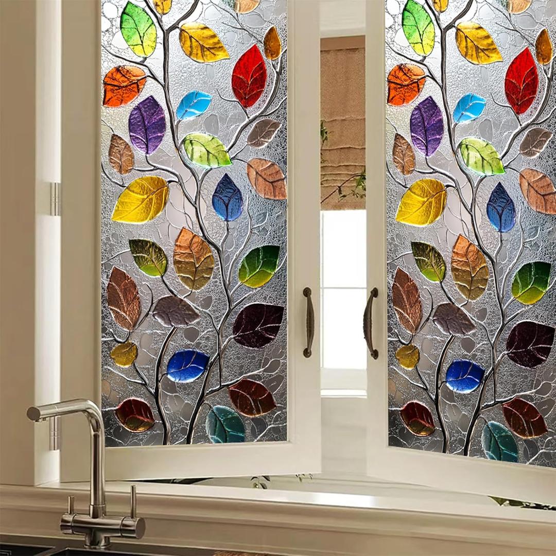 Stained Glass Window Film 17.7 x 39.3 Inch Colorful Leaf Window Privacy Film Stained Decals Static Cling Sun Blocking Decor for Home Office Windows Doors Glass Partitions 17.7x39.3 inch