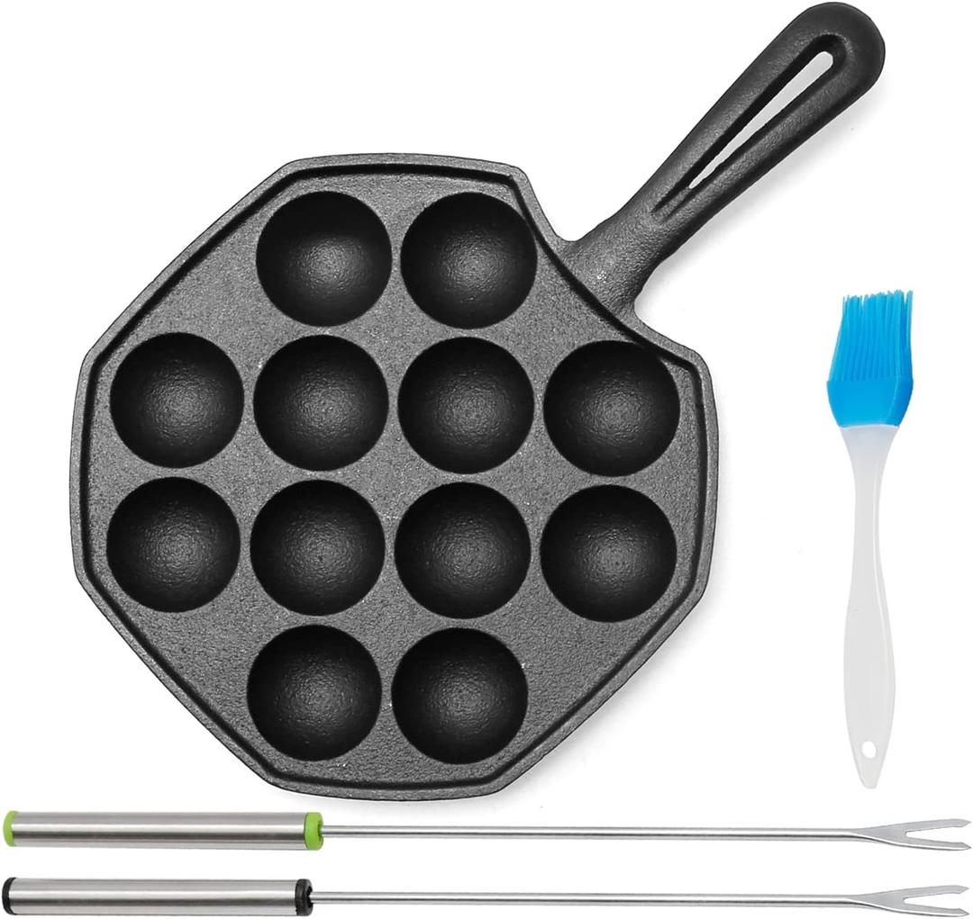 Anxingo Cast Iron Takoyaki Pan - 12 Hole Heavy Duty Square Cooking Plate Octopus Ball Maker 1.5" Half Sphere Takoyaki Maker for Baking Cooking