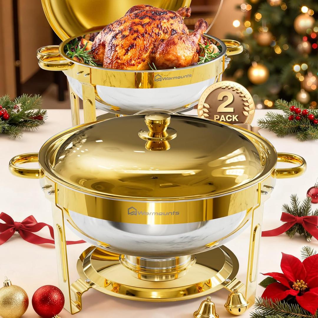 WARMOUNTS Gold Chafing Dishes for Buffet 2 Pack, 5QT Stainless Steel Round Chafers and Buffet Warmers Sets with Lid Holder, Rolled Rim Process, Stackable Design, for Catering, Parties, Weddings