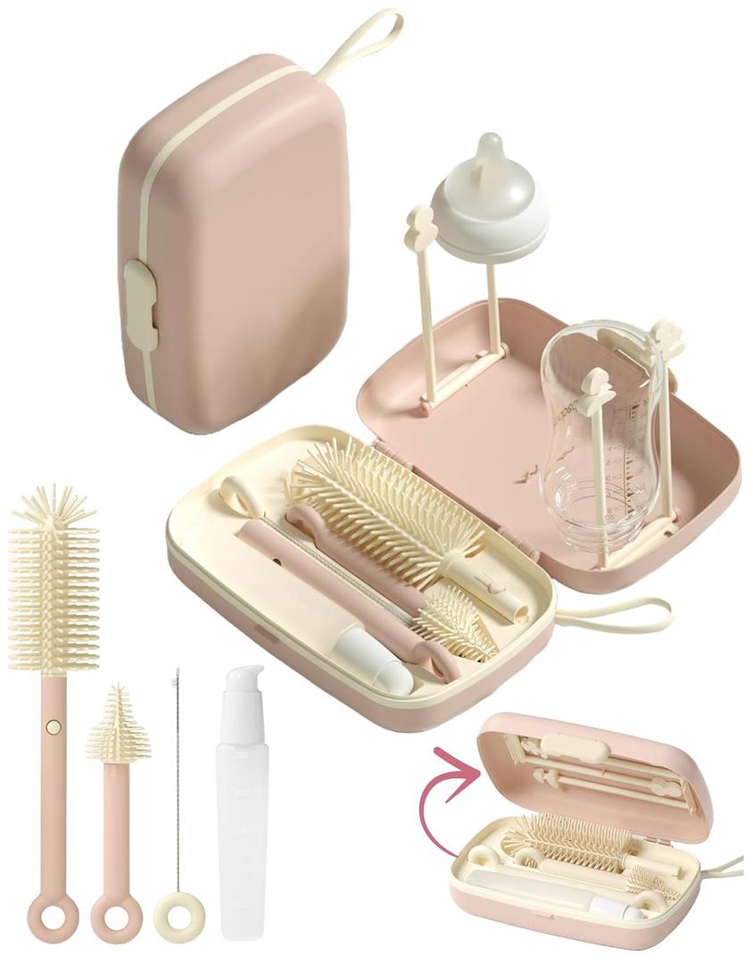 Travel Baby Essentials, 7in1 Travel Baby Bottle Cleaning Kit, Baby Essentials for Flying Nipple, Drying Rack, Straw, Soap Dispenser Dish Soap for Bottles, Gift for Mom (Pink)