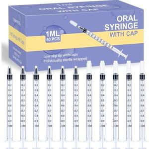 50 Pcs 1ml Syringes with Caps Oral Dispenser Individually Sterile Warpped for Medicine Dropper, Colostrum Collect Feeding Pets, Liquid