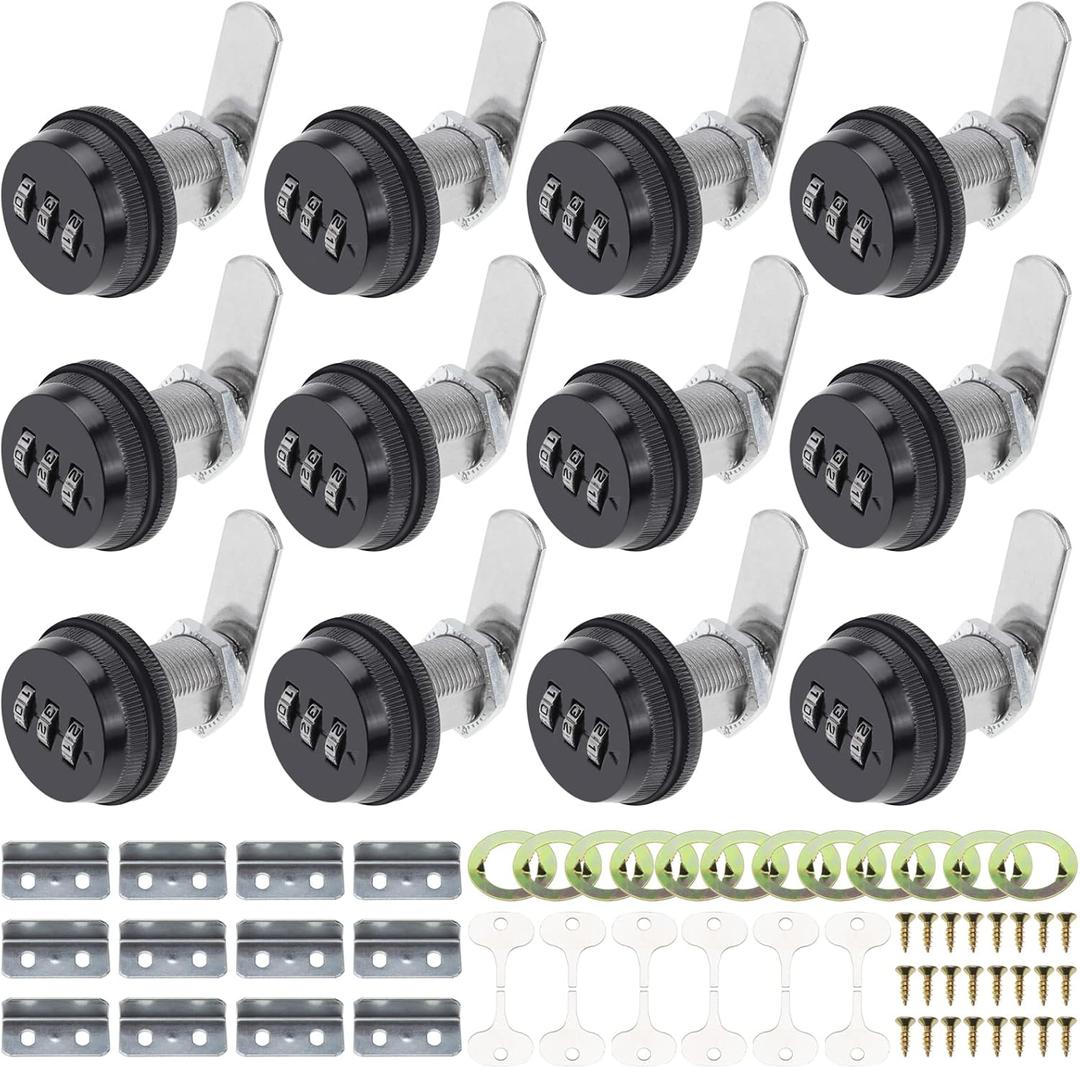 12 Pack Combination Cabinet Cam Lock Password Coded Lock with 1-1/8''Cylinder and Chrome Finish, Security Combi-Cam Locks for Cabinet Filing Drawer Mailbox (Black)