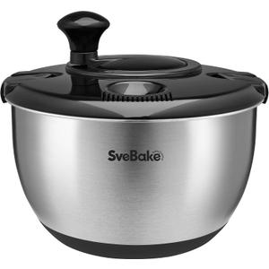 Stainless Steel Salad Spinner, 4.8 Qt Vegetable Washer, BPA-Free Lettuce Dryer with Crank Design, Dishwasher Safe, Non-Slip Base - Black Lid