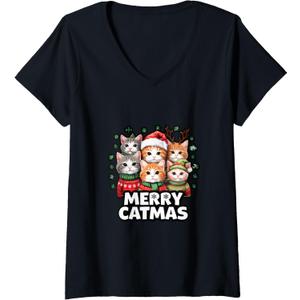 Womens Merry Catmass V-Neck T-Shirt, S