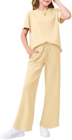 Haloumoning Girls 2 Piece Outfits Kids Fashion Short Sleeve T Shirts Wide Leg Pants Clothing Sets 5-14 Years