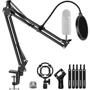 InnoGear Microphone Stand Mic Boom Arm for Blue Yeti HyperX QuadCast S SoloCast Snowball Fifine K669B and other Mic, with Shock Mount Windscreen Pop Filter Mic Clip Holder Cable Ties, Medium