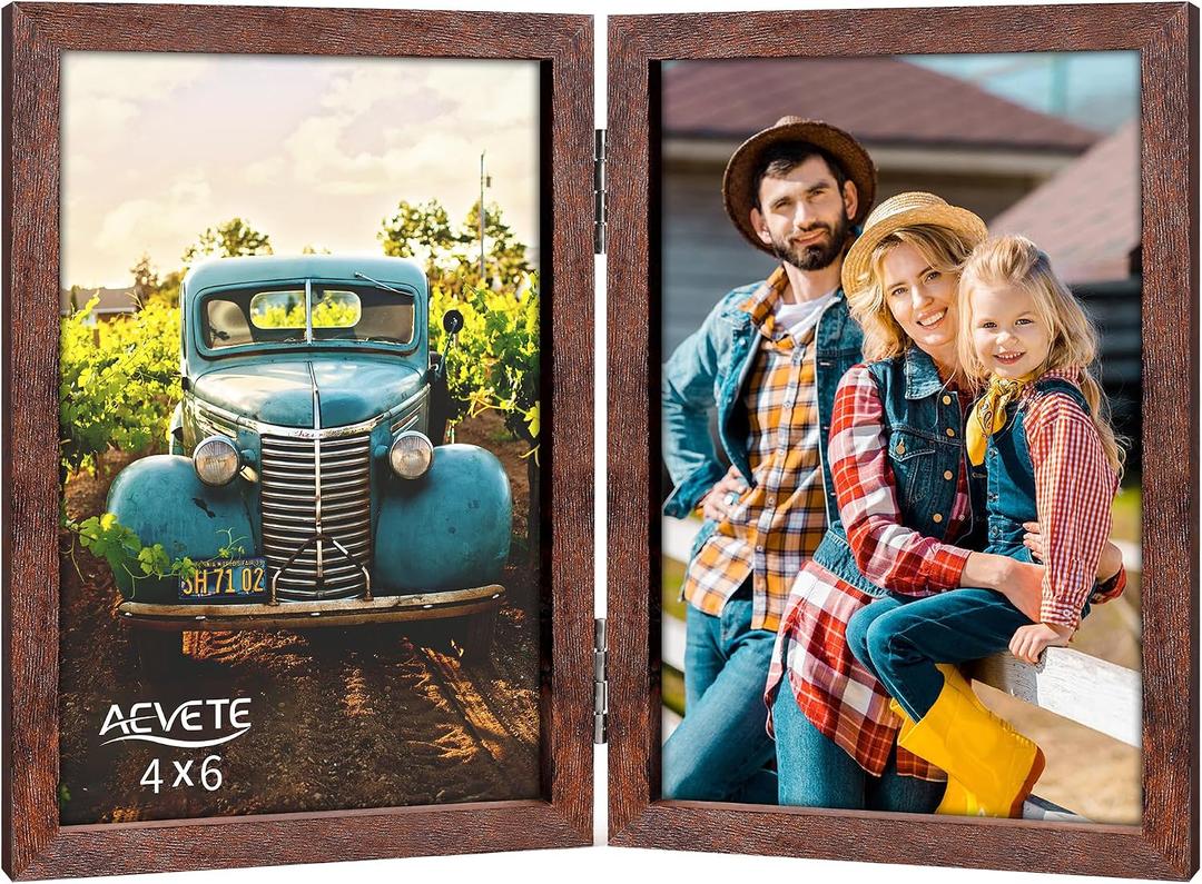 AEVETE 4x6 Picture Frames Double Hinged Wood Folding Photo Frames Vertical with Plexiglass Front, Brown