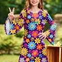 BesserBay Girl's 4 Pcs Halloween 70s Hippie Dress Bell Sleeve Floral Printed Outfit  10 Years (M)