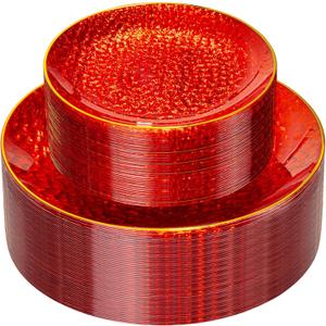 Rubtlamp 60 Pcs Red Plasitc Plates, Gold Red Disposable Plates, Fancy Party Plates, Hammered Plastic plates Include 30 Dessert Platos, 30 Dinner Platos for Party