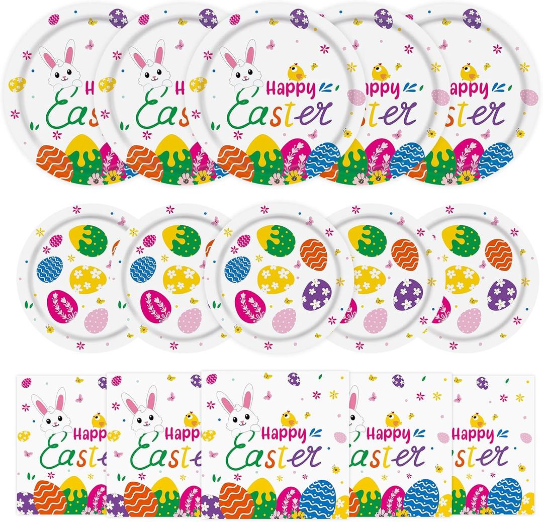 150 Pcs Happy Easter Plates and Napkins - Easte Egg Paper Dinnerware Set, Cute Eastes Rabbit Dinner Dessert Plates Luncheon Napkins Tableware for Easter Activity Party Supplies Table Decor, Serves 50