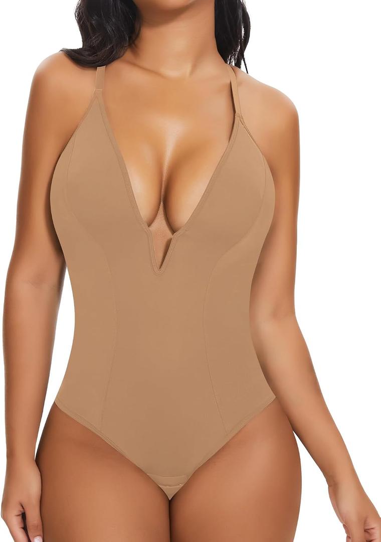 SHAPERIN Bodysuit for Women Shapewear Tummy Control Deep V Neck Plunge Sleeveless Backless Thong Body Suit Tank Top Size XL