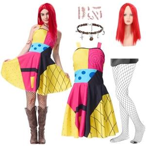 4PCS Sally Christmas Costume Women Adult, Cosplay Dress with Red Wig Fishnet Tights, Halloween Party Dress Up Size Small