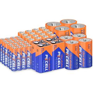 PKCELL 52 Counts Alkaline Battery Variety Pack, 16 AA, 24 AAA, 4 C, 4 D,4 9 Volt Batteries, Assorted Batteries Set