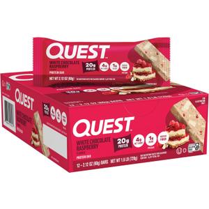 Quest Nutrition White Chocolate Raspberry Protein Bars, 20g Protein, 1g Sugar, 5g Net Carb, High Fiber, Gluten Free, Keto Friendly, 12 Count (EXP 05/07/26)