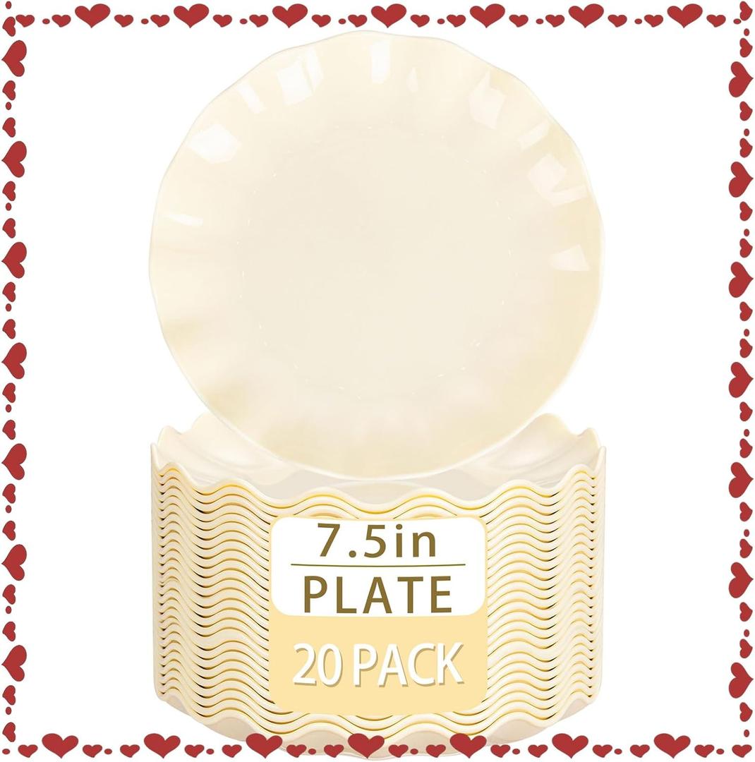 LIYH 20 Pcs Beige Plastic Plates Reusable 7.5 Inch - Unbreakable Plastic Dessert Plates - Scalloped Cake Plate for Weddings Camping Party Outdoor Picnics Dishwasher Safe BPA Free