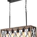KEESFU 5-Light Dining Room Light Fixture, Farmhouse Kitchen Island Lighting,Adjustable Height Pendant Light, Rustic Linear Chandelier for Kitchen, Dining Room Table, Pool Table. (Wood Grain Color)