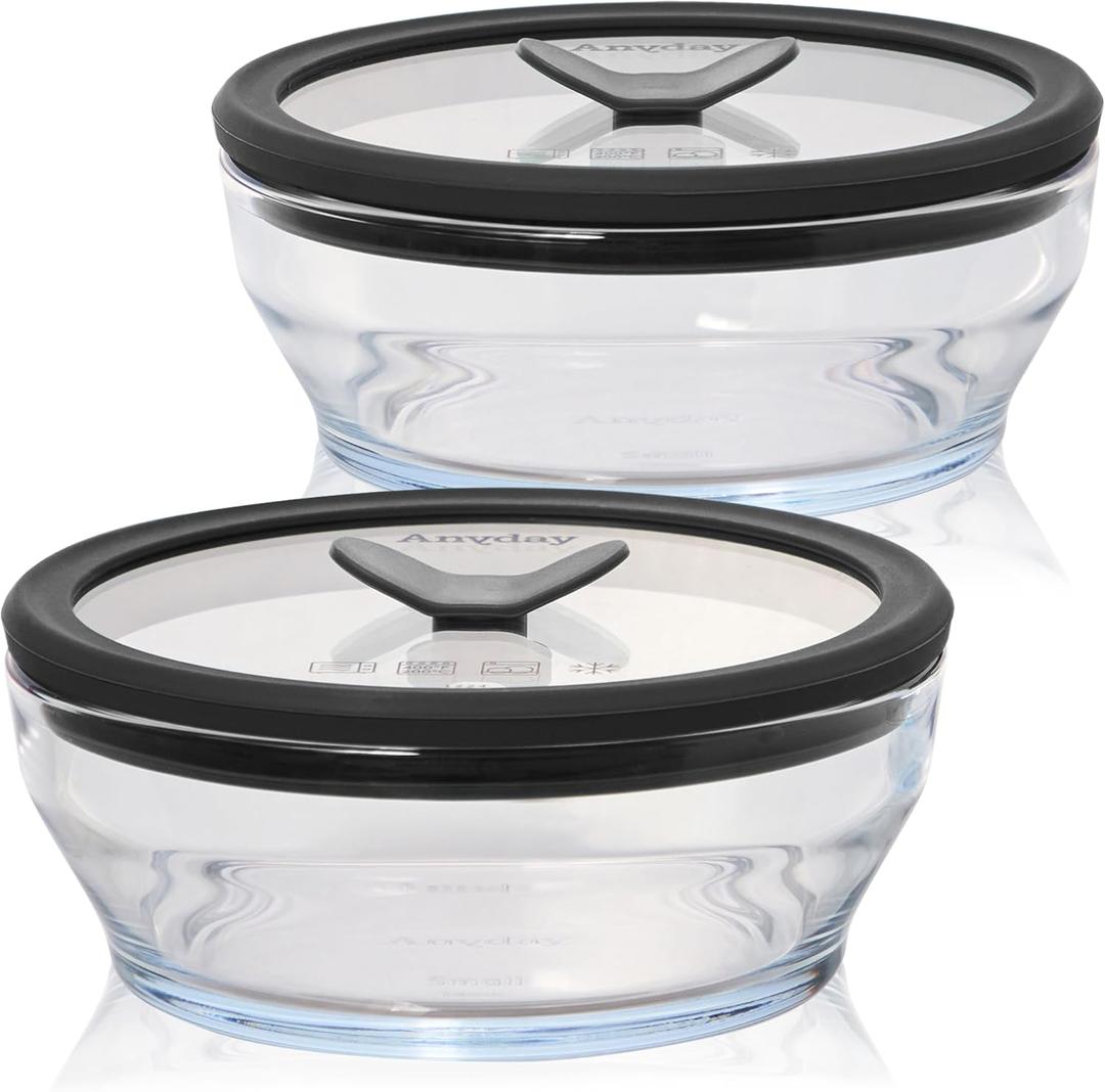 Anyday 2-Pack (2-Cup) Glass Food Storage Set with Glass Lids | Plastic-Free Meal Prep Set | Stackable Airtight Storage Container Set with Vented Lid for Microwave-Safe Reheating (Clear - Black Sesame)