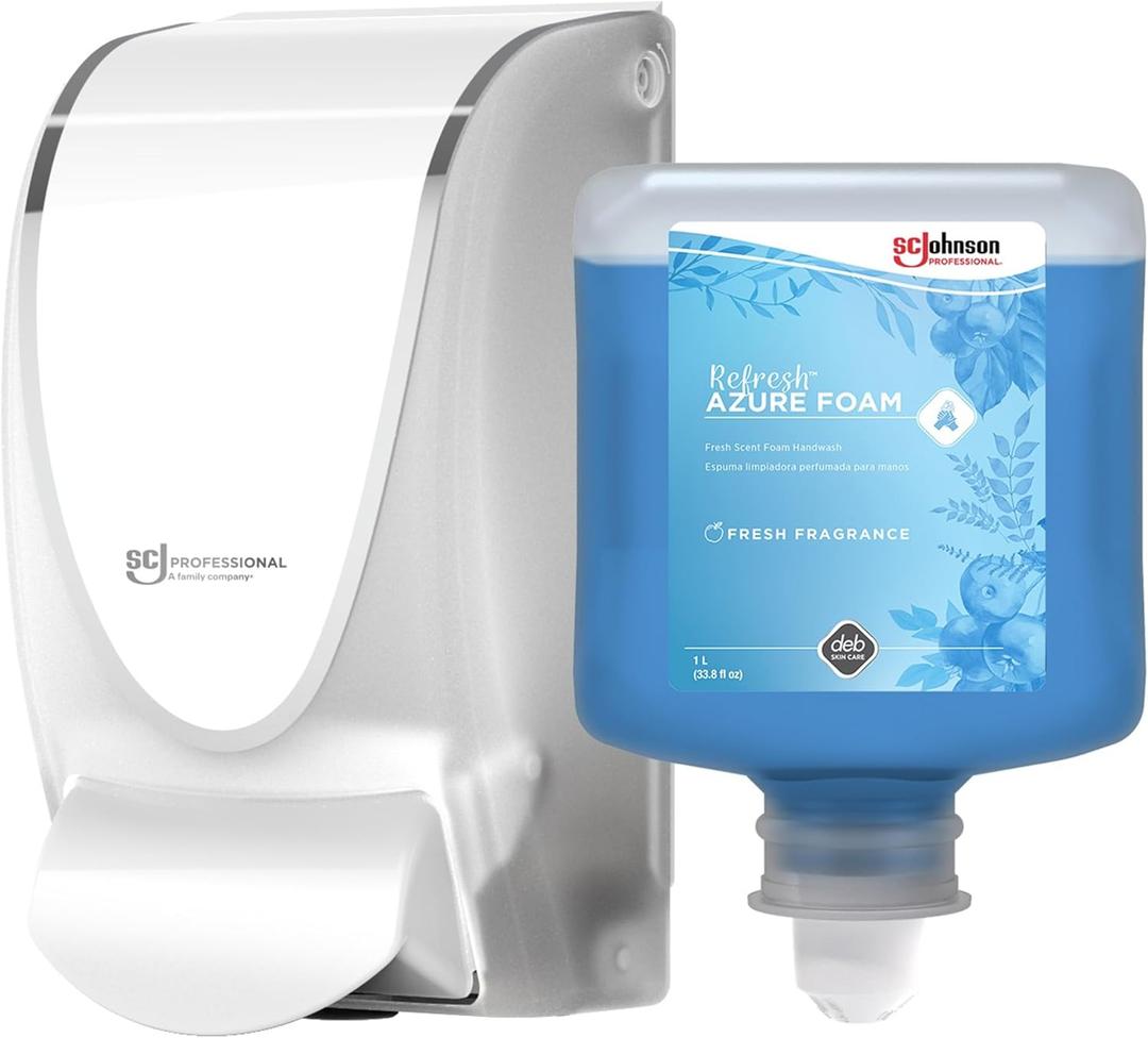 SC Johnson Professional Azure FOAM Dispenser and Refill Starter Kit, Wall Mount Soap Dispenser for Hand Soap, 1 Refresh Azure FOAM Hand Wash, 1 Liter Cartridge, 33.8 fl. oz., for Professional Use Only
