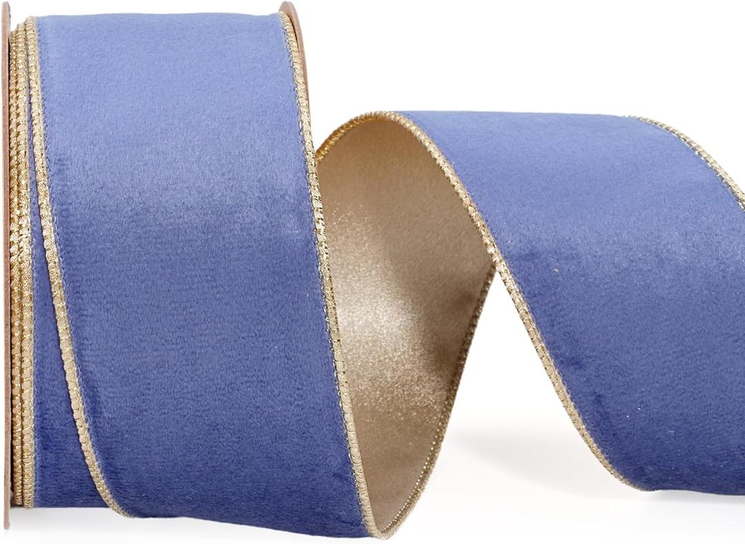 LaRibbons Velvet Ribbon Wired 2.5 Inch x 10 Yards, Dusk Blue and Gold for Christmas Tree, Gift Wrapping, Wreath Bow, Outdoor Decoration