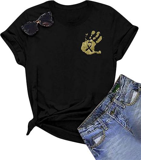 Childhood Cancer Awareness Shirt Women Cancer Support Handprint Shirts Wear Gold Pediatric Cancer Short Sleeve TopsM