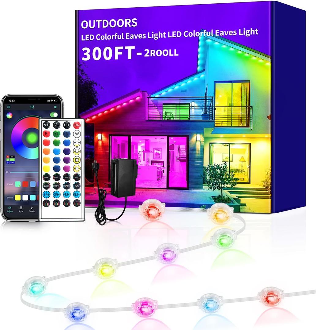 300ft Permanent Outdoor Light, RGB Eaves Lights with App Control Remote, DIY IP67 Waterproof Under Eave Lighting, Outside led Lights for House, Party, Christmas Decorations (2 Rolls 150FT)