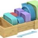 Retro Shaw Large Expandable Kitchen Lids Organizer for Cabinet, Covers, Pantry, Drawer & Countertop Storage, with 3 Adjustable Dividers, Hand-made Bamboo Food Container