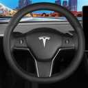 Leather Steering Wheel Cover Custom-Fit for Tesla Model 3/Y 2016-2026, Comfort Grip Design Breathable and Non-Slip, Model 3/Y Car Steering Wheel Protector, Tesla Accessories,Black(A-Style, for Tesla)