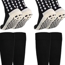 2 Set Kids Grip Soccer Socks with Shin Guard Sleeves, Anti-Slip for Ages 7-14 Youth Boys Football Basketball Training, Medium Black