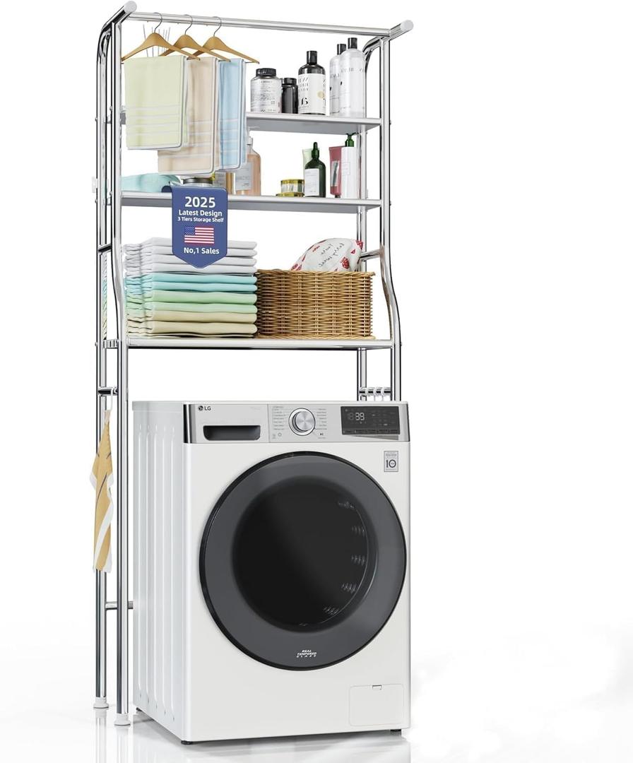 Over The Washer and Dryer Storage Shelf, 3 Tier Laundry Room Metal Drying Rack with Towels Hangers, Space Saver Organizer for Hanging Clothes and Towels (Stainless Steel RA1)
