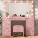 Vanity Desk with Mirror and Lights, Makeup Vanity Set with Glass Top & 10-Drawer, Charging Station, Dressing Table with Storage Chair & 3-Color Brightness Adjustable Lighting, Pink