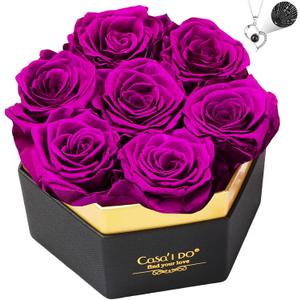 Casaido Preserved Roses Flowers for Delivery 7 Pcs, Mothers Day Rose Gifts for Her, Forever Flores in Box with Necklace, Anniversary Vanlentines Christmas Birthday Gift for Mom Wife Girlfriend, Purple