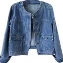 Womens Collarless Long Sleeve Denim Jacket Round Neck Button Down Jean Jackets (Blue, L)