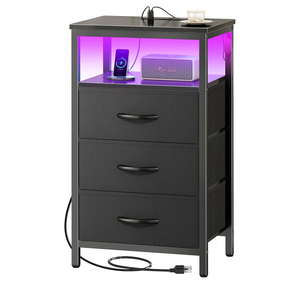 Huuger Night Stand with Charger Station and LED Lights, 3 Drawer Nightstand, Bed Side Table with Open Shelf, End Table, Tall Fabric Dresser for Bedroom, Black