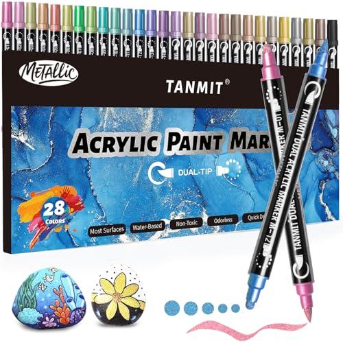 28 Metallic Colors Acrylic Paint Markers, Dual Tip Acrylic Paint Pens for Rock Painting, Black Paper, Wood, Canvas, Stone, Glass, Ceramic, DIY Crafts Making Art Supplies (Brush Tip and Round Tip)