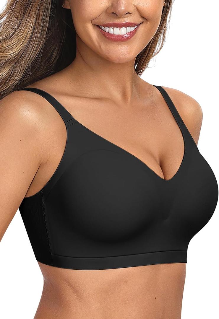OEAK Women's Comfortable Push Up Bras Wireless Support and Lift Brassiere V Neck Full Coverage Everyday Seamless T-shirt Bras (X-Large, Black)