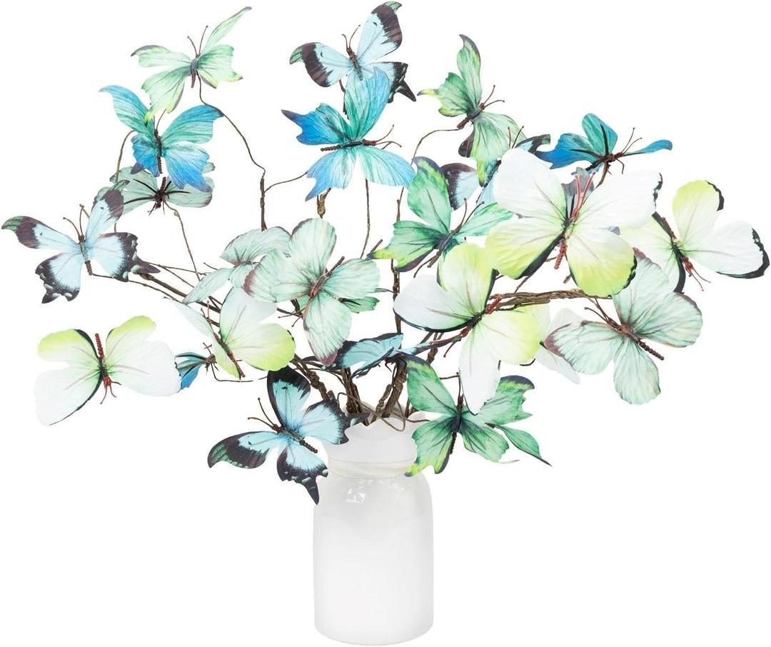 5 Pcs DIY Butterfly Decorations 5 Butterfly Branches with 30 Fake Butterflies for Crafts Faux Stems for Vase Filler Bouquets Home Decorations Garden Office Table Decor (Green)