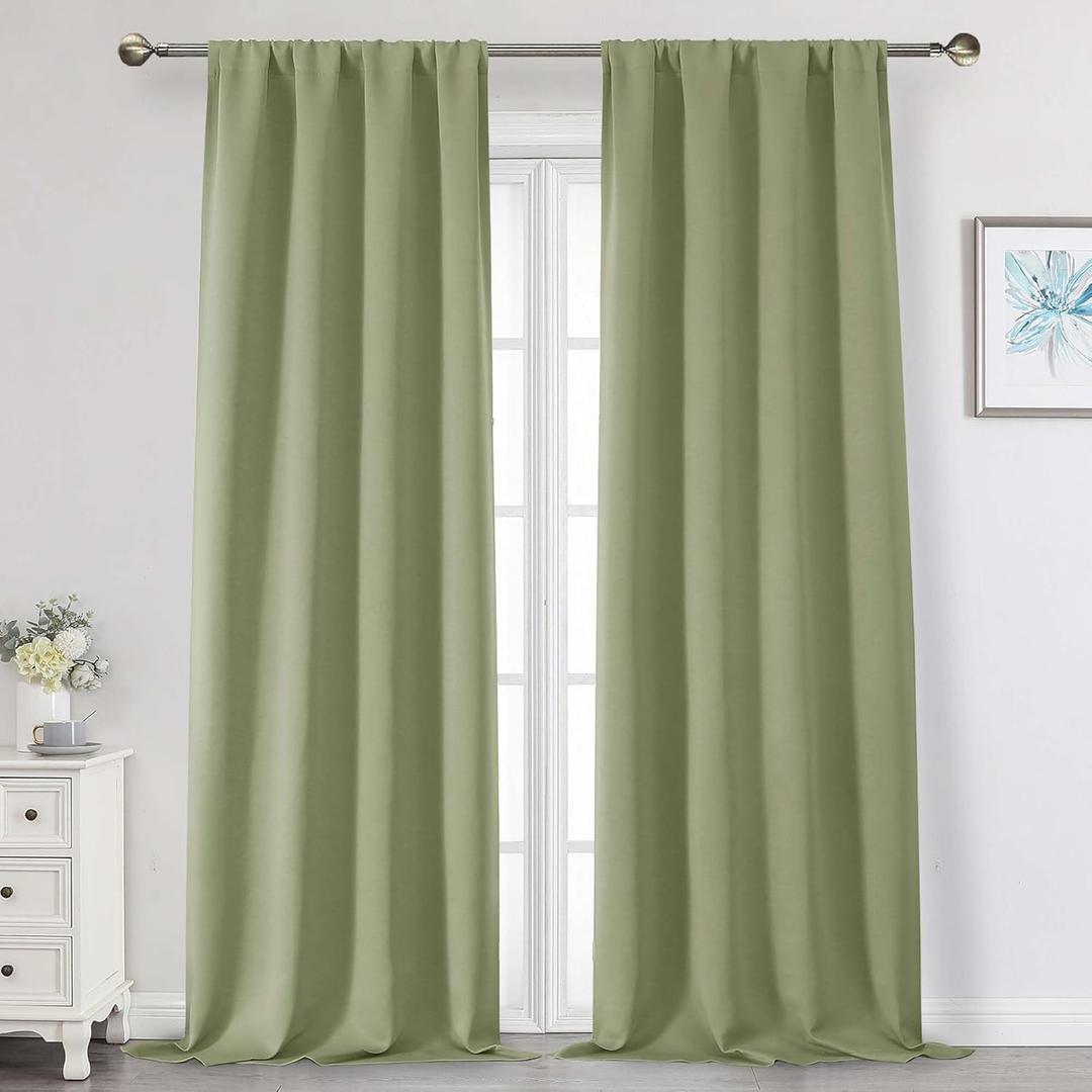 Sage Green Blackout Curtains for Bedroom Living Room 96 Inches Long 2 Panels, Soft Solid Room Darkening Thermal Insulated Window Treatments, Rod Pocket Curtain, Sage Green, Each 40" Wx96 L