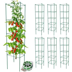 Thealyn Tomato Cages 6 Packs 57 Inches (H) Plant Stand with 164 Feet Twist Ties, Heavy Duty Garden Plants Support for Tomatoes, Cucumber, and Other Climbing Plants (Green), 57" H x 12" W