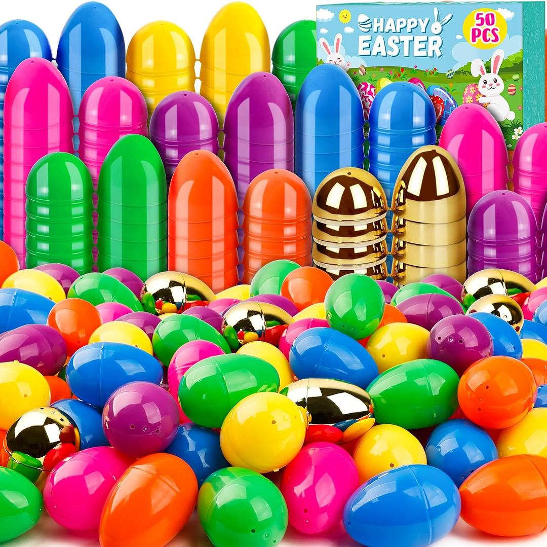 50 PCS 3 Inch Large Plastic Easter Eggs Bulk Include Surprise Golden Eggs, Colorful Fillable Empty Eggs for Easter Basket Stuffers Fillers Easter Hunt Filling Party Favors Classroom Prize Supplies