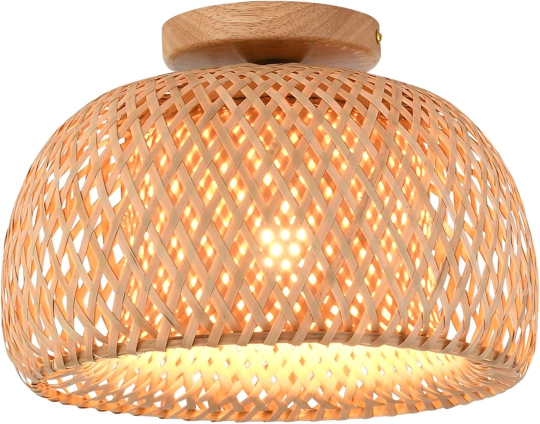 Capslpad Rattan Semi Flush Mount Ceiling Light,Bamboo Wicker Light Fixture,Handmade Boho Fixtures Ceiling,Farmhouse for Bedroom Nursery Hallway Corridor Passway