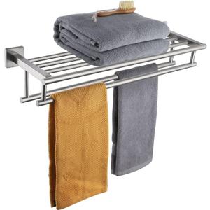 KOKOSIRI 20 Inch Towel Rail Towel Shelf with Double Towel Bars Bathroom Towel Rack Towel Holder Wall Mounted SUS 304 Stainless Steel, Brushed Nickel, B6005BR-L20