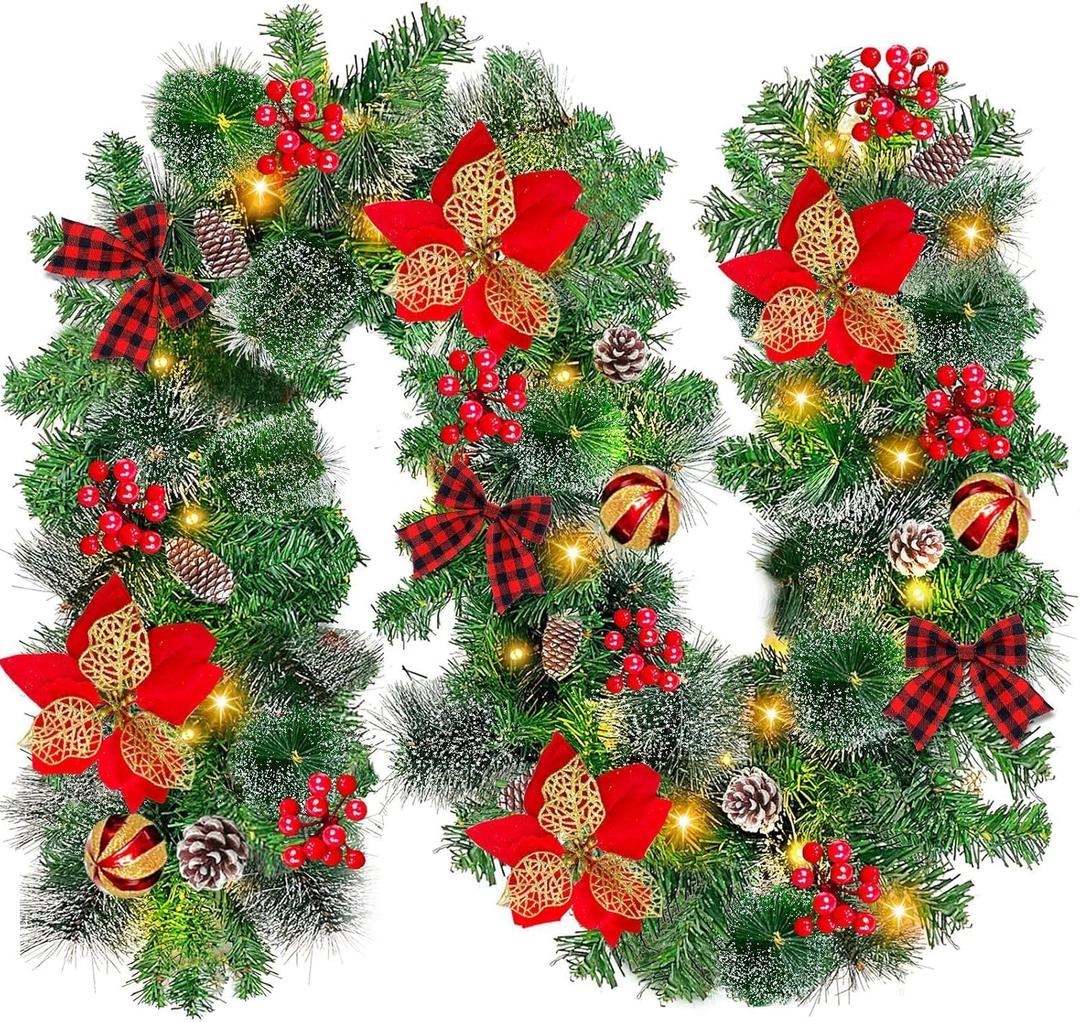 6 Ft by 10 Inch 30 LED Prelit Christmas Garland with Lights Timer Battery Operated 150 Snowy Bristle Pine, 8 Pinecones,56 Red Berries, 3 Bows, 4 Poinsettia, 3 Ball Ornaments for Home Indoor Xmas Decor