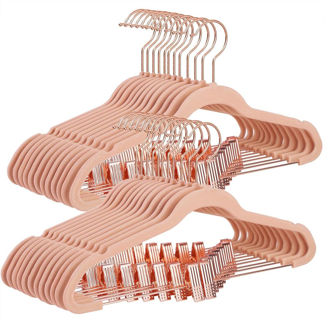 SONGMICS 24 Pack Pants Hangers, 16.7 Inch Coat Hangers with Rose Gold Colored Movable Clips, Heavy-Duty, Non-Slip, Space-Saving, for Pants, Skirts, Dresses, Light Pink UCRF14PK24