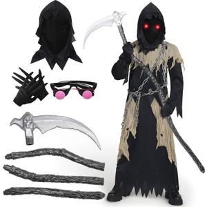 Spooktacular Creations Glowing Eyes Kids Grim Reaper Costume, Halloween Costume for Boys, Grim Reaper Outfit (Large(10-12 yrs), Brown)