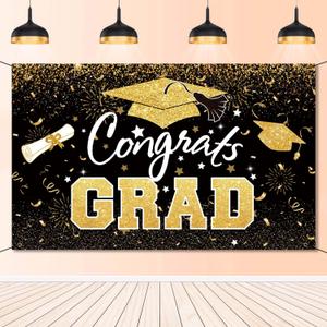 Graduation Party Decorations - Black Gold Congrats Grad Class of 2026 Backdrop Banner Large Sign Wall Decorations Photography Background Party Supplies for 2026 Graduation Party Decorations
