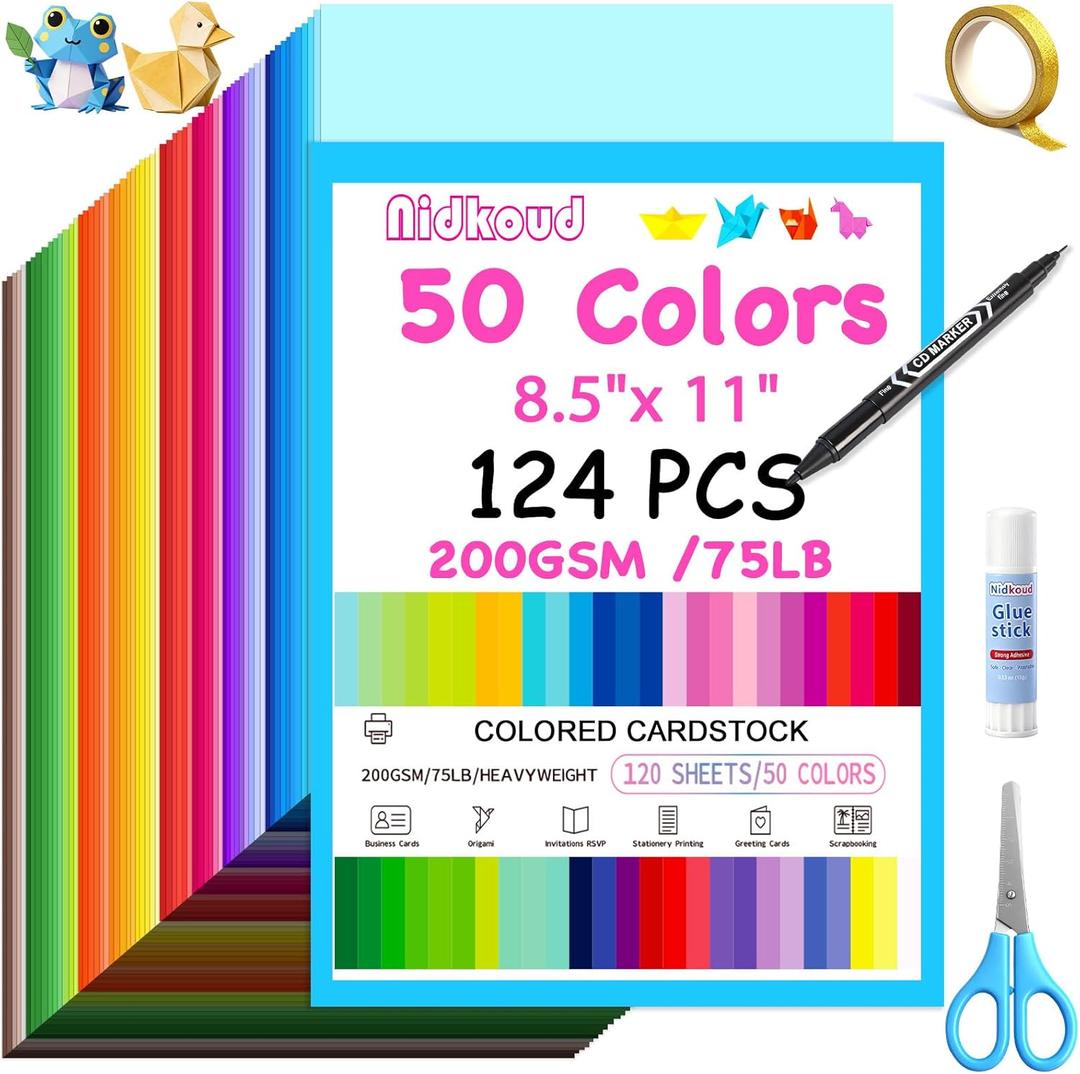 Nidkoud 124 PCS Colored Cardstock 8.5" x 11", 50 Assorted Colors Construction Paper for DIY Crafts, Thick Card Stock Printer Paper for Scrapbooking, Card Making, Kids School Supplies and Party(200GSM)