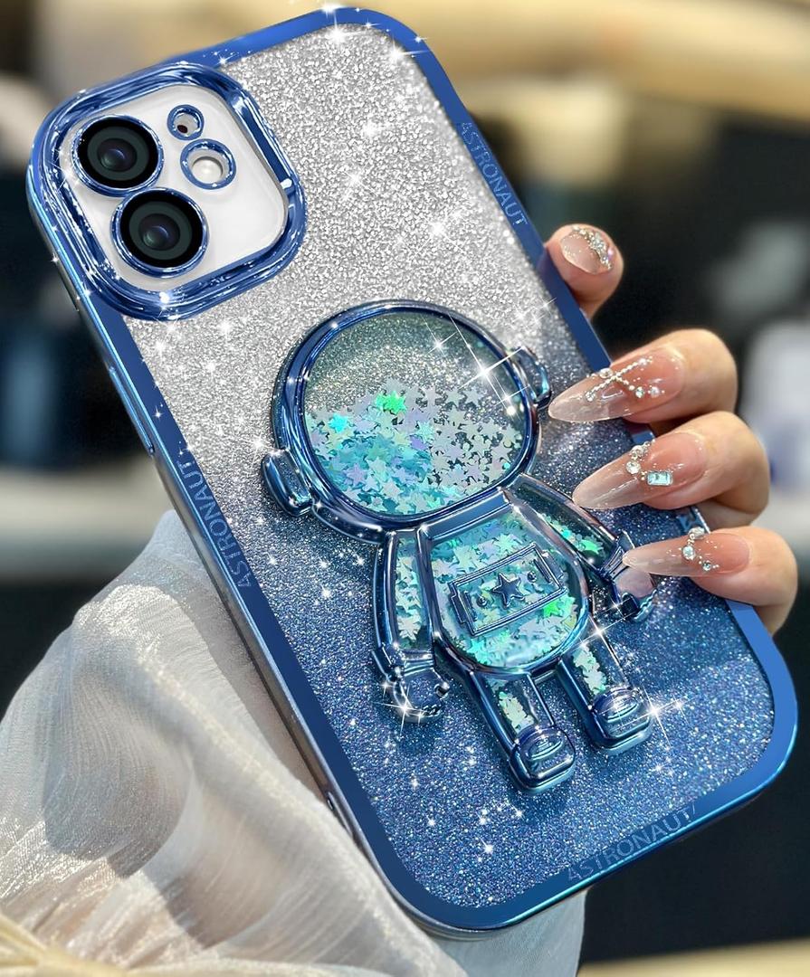 Loheckle for iPhone 12 Case - Women Girls Cute Glitter with Camera Lens Protector Cover Astronaut Liquid Girly Sparkle Sparkly Aesthetic Bling Shiny Design Phone Case for iPhone 12 6.1'', Blue