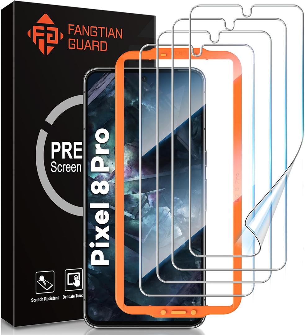 [4-Pack] FANGTIAN for Google Pixel 8 Pro Screen Protector [Not Glass] - Film for Pixel 8 Pro Screen Protector [Fingerprint Compatible][Alignment Tool][7H Hybrid][6.7Inch]